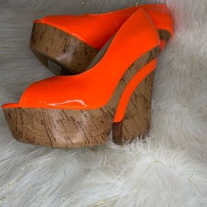 Orange open toe wedge platform heels